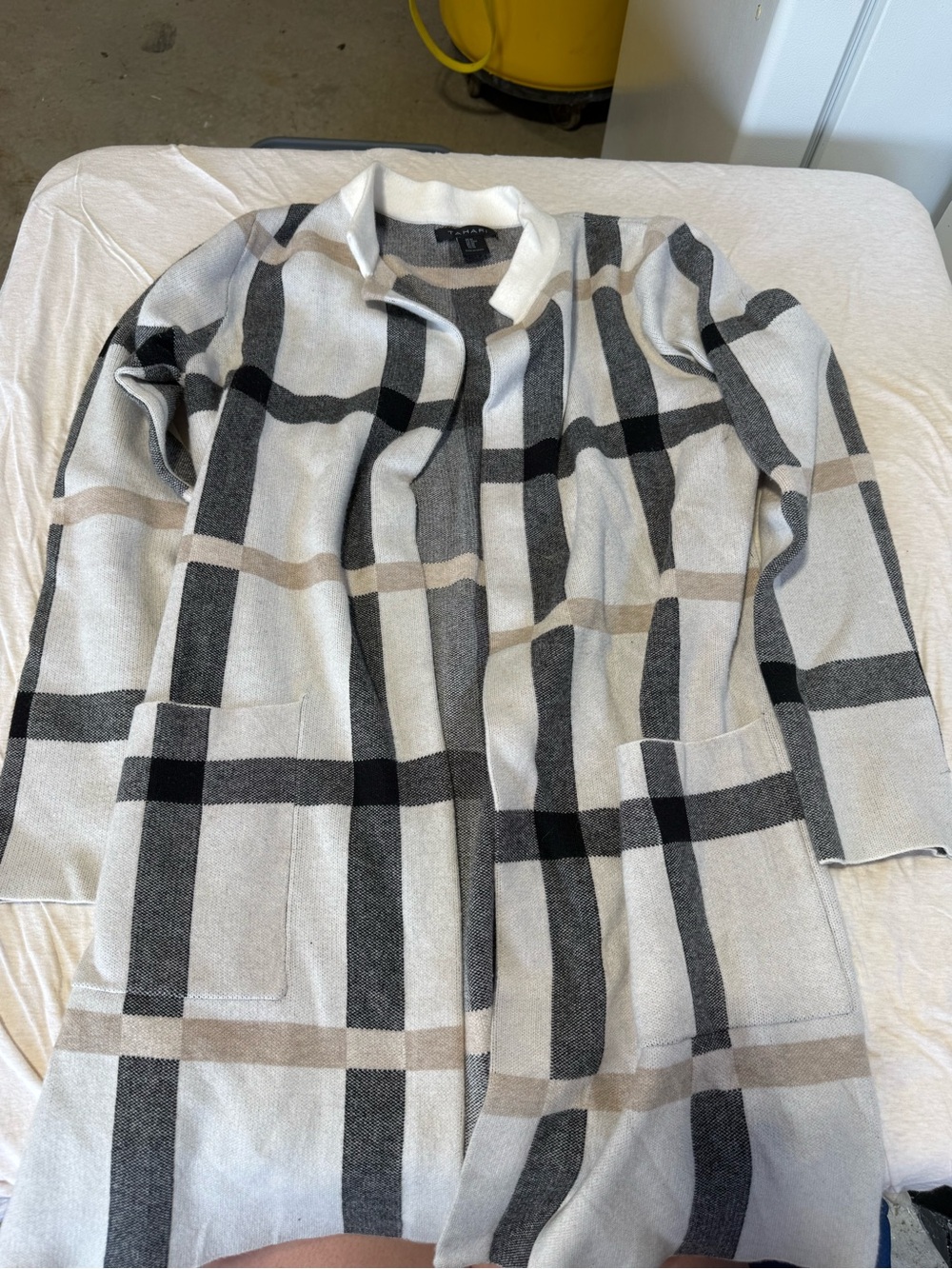 Neutral Plaid Open-Front Women's Cardigan